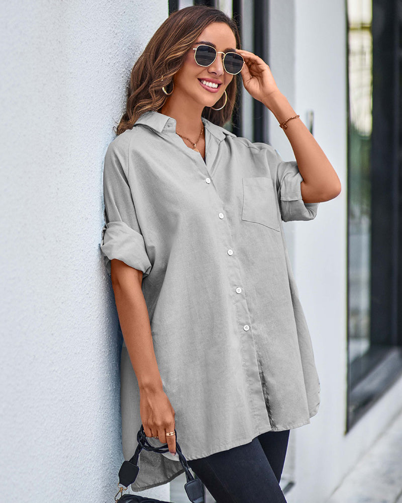 Long Cuffed Sleeve Shirts Button Down V Neck Blouse Loose Fitting Tops