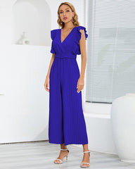 Casual Loose Jumpsuit V Neck Sleeveless Solid Ruffle Pleated Wide-leg Long Playsuit with Belt