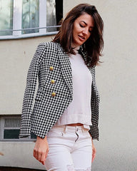 Houndstooth Double Breasted Button Down Notch Collar Blazer Jacket with Pockets