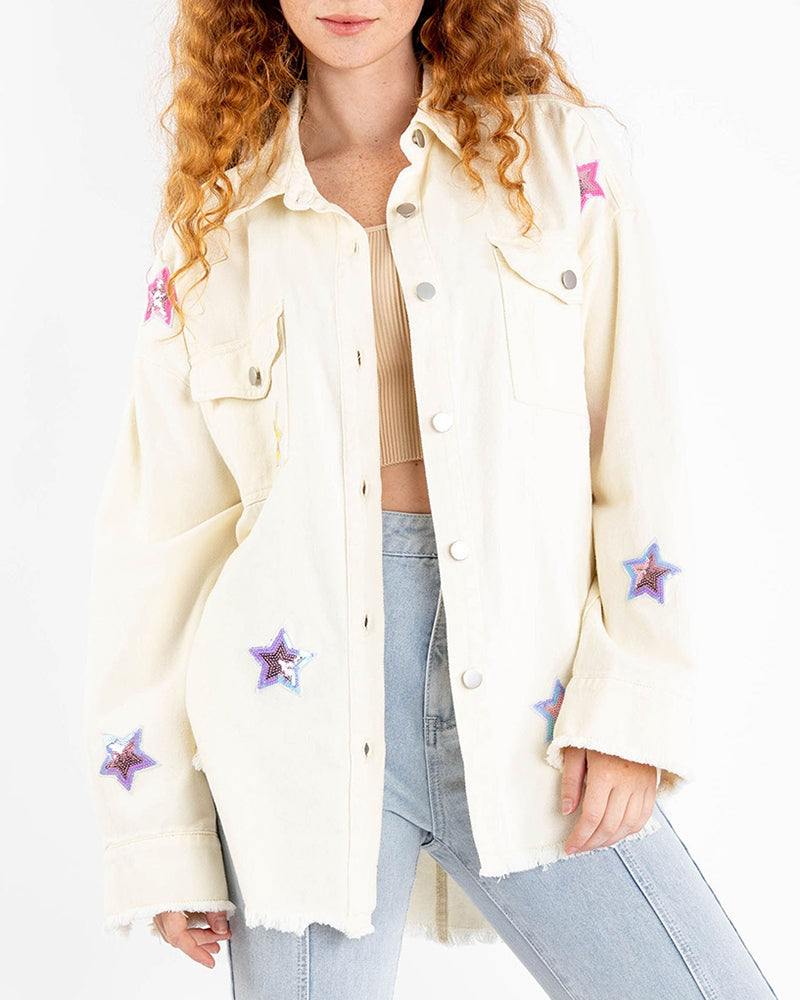 Long Sleeve star sequin shirt Button Down Basic Denim Jacket With Pockets