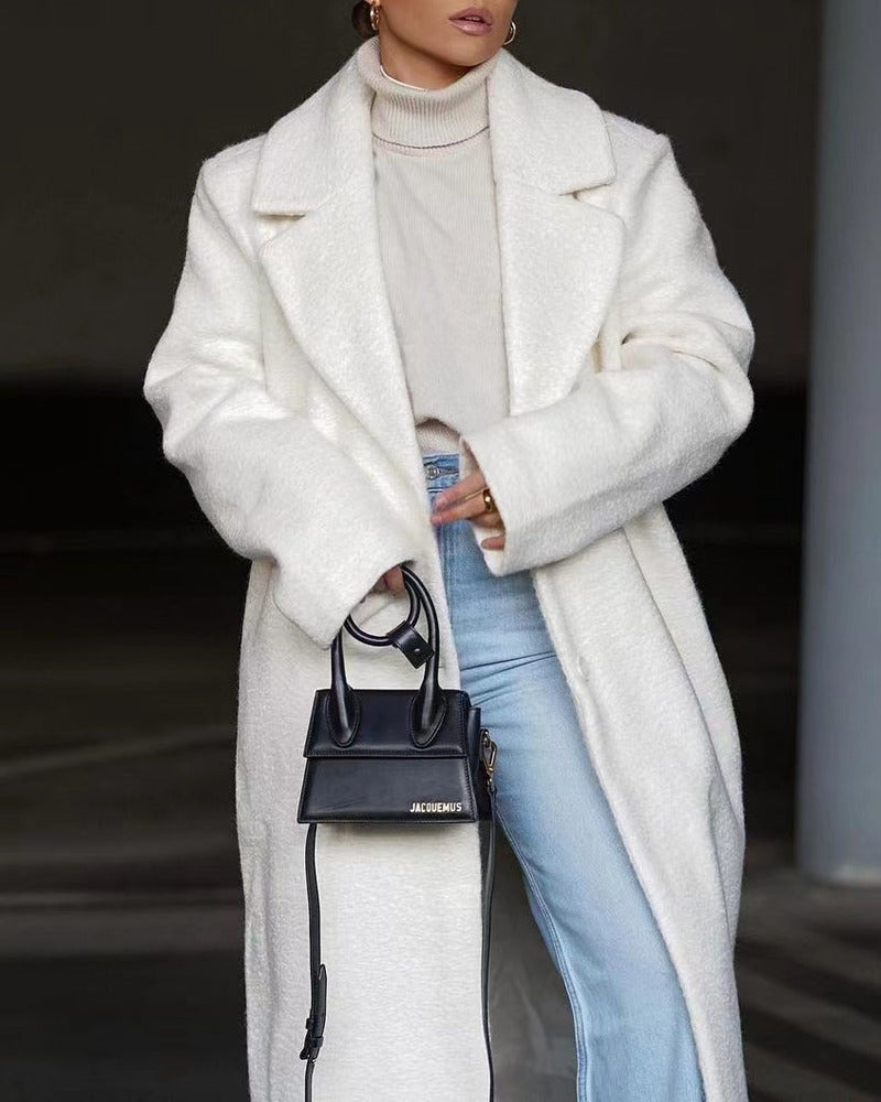 Turndown Collar Long Sleeve Plush Long Coat