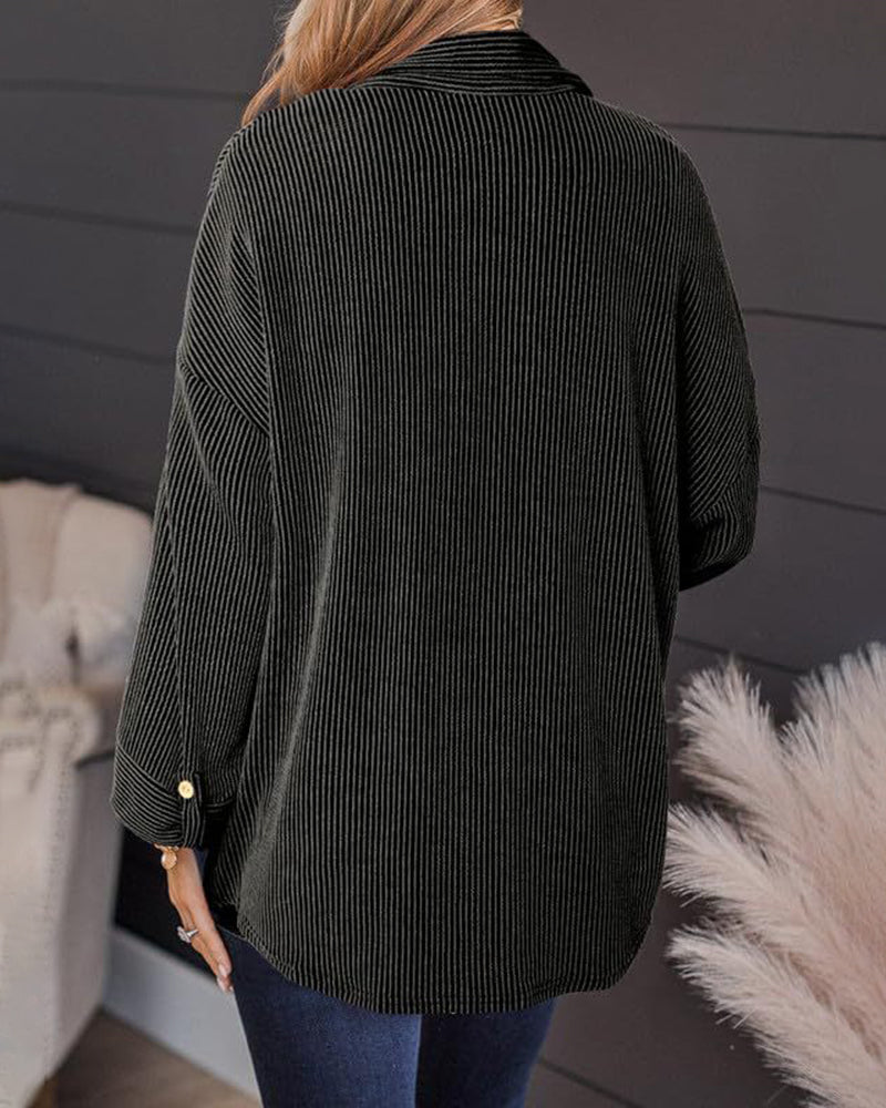 Striped Single-breasted Mid-length Corduroy Shirt Jacket