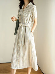 Short Sleeve Vertical Stripe Waist Shirt Dress with Belt