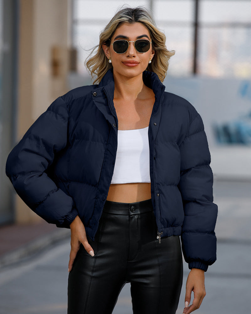 Short Puffer Jacket Stands Up Button Zipper Outerwear