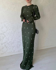 Long Sleeve Slim Fit Ruffled A-line Maxi Dress