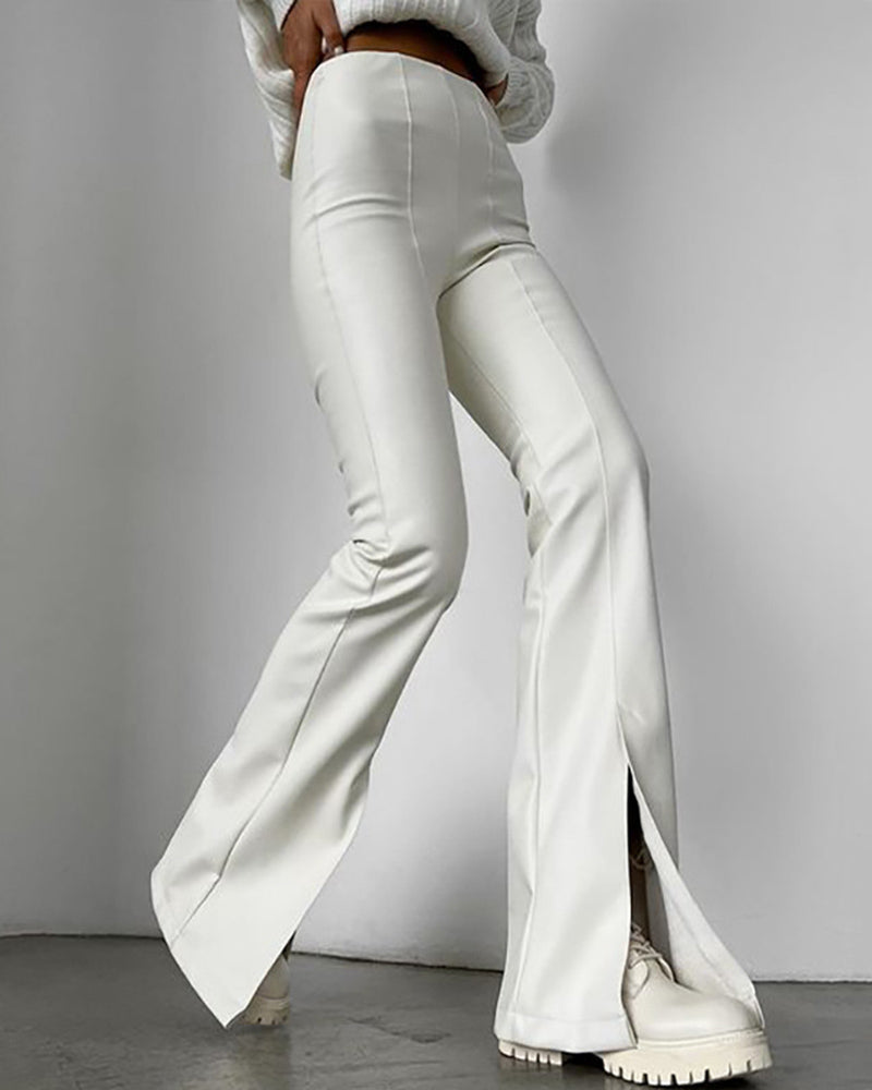 Flared PU Leather Pants with Side Slits