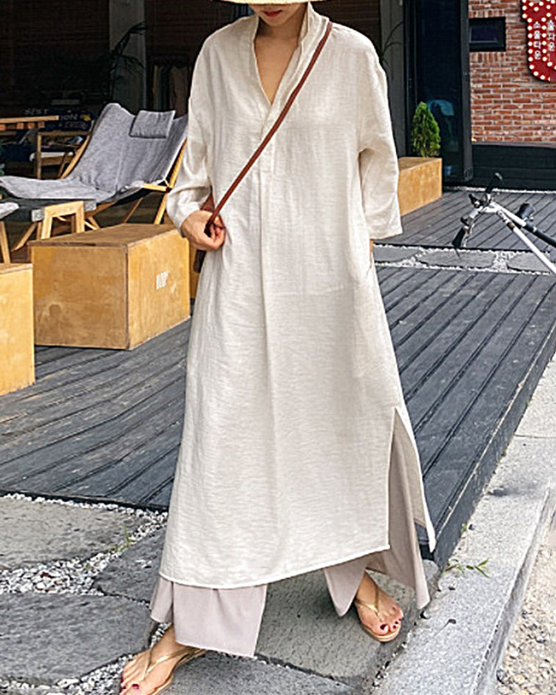 Casual Loose Long Sleeve Solid Color V-Neck Summer Maxi Shirt Dress