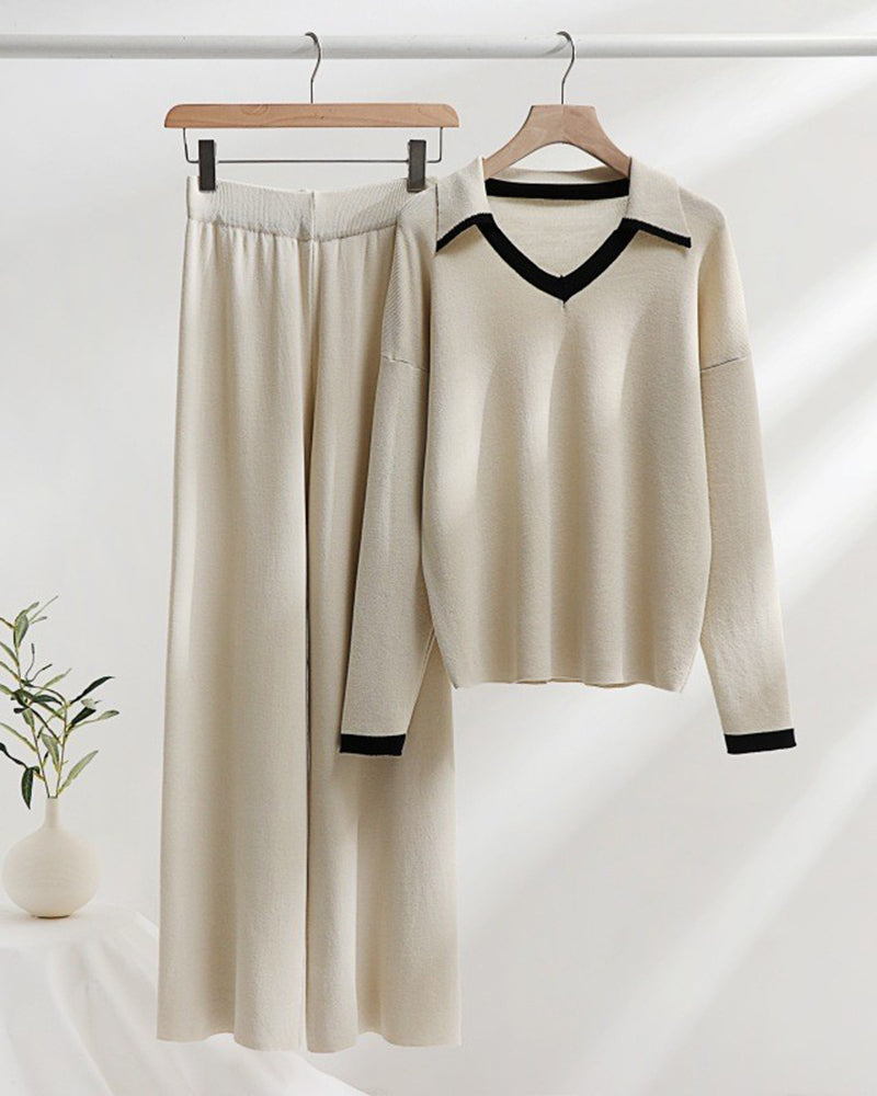 Loose Knitted Two-piece Set Sweaters Pullovers Jumpers + Wide Leg Pants