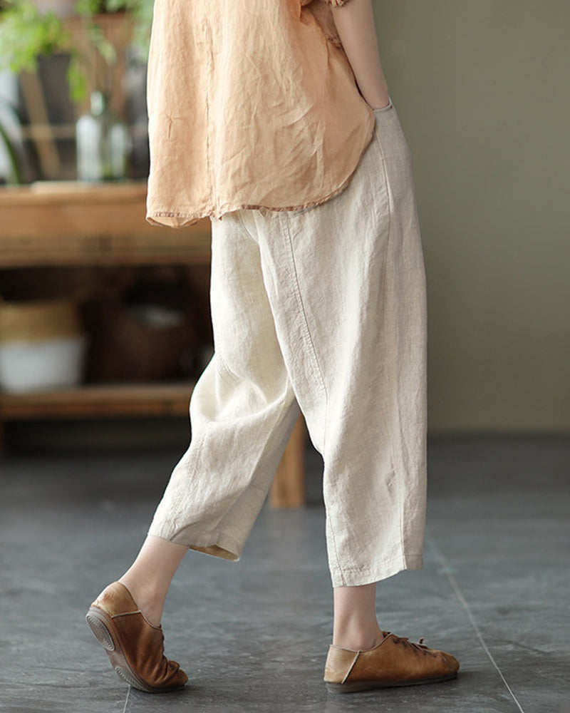 Loose Stitching Solid Color Elastic Waist Cropped Harem Pants