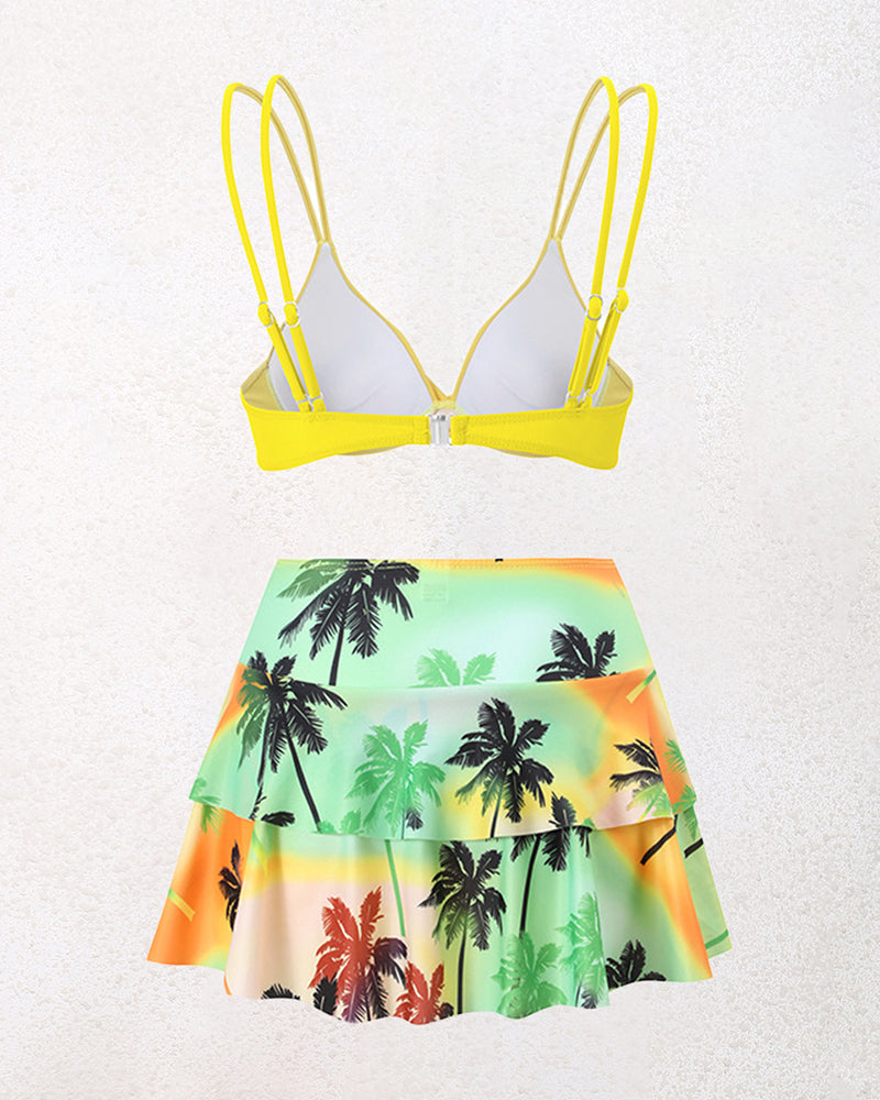 Split High-waisted Lotus Leaf Edge Printing Bikini Swimsuit