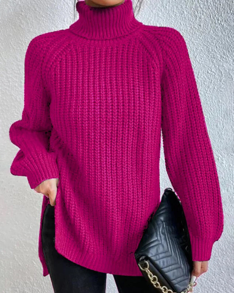 Mid-Length Raglan Sleeve Turtleneck Slit Sweater