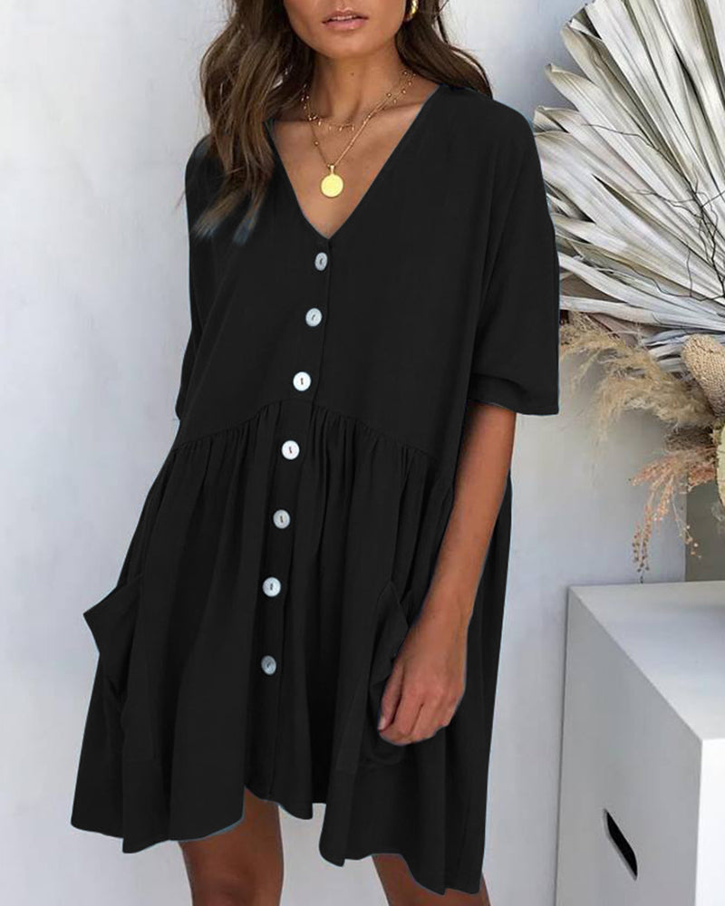 Half Sleeve Summer Shirt Dress V Neck Button Down Casual Loose Flowy Swing Mini Dress with Pockets