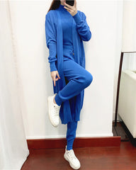 Chic Three Piece Set Knitted Solid Lounge Suit Cardigan Sweater + Jogger Pants+ Sleeveless Tank Top