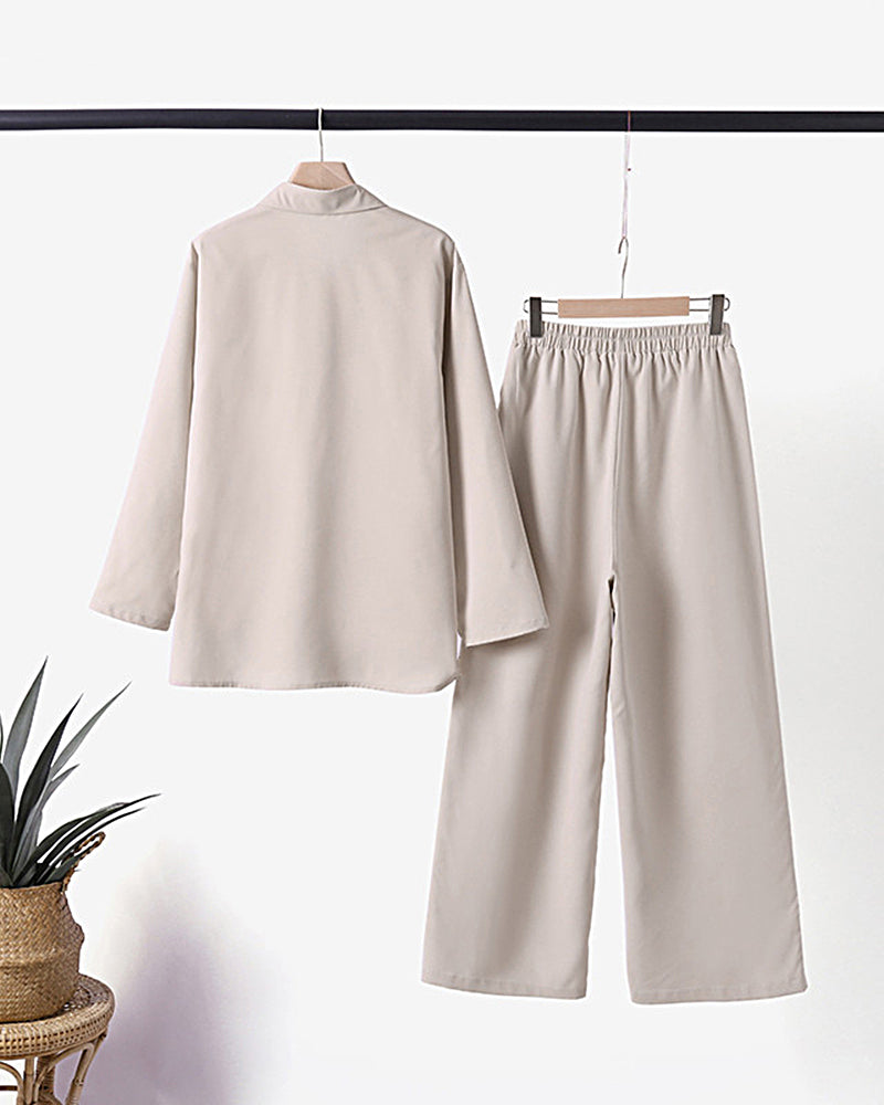 Two Piece Set Lapel Long-sleeved Shirt Casual Solid Color Wide-leg Pants Suit
