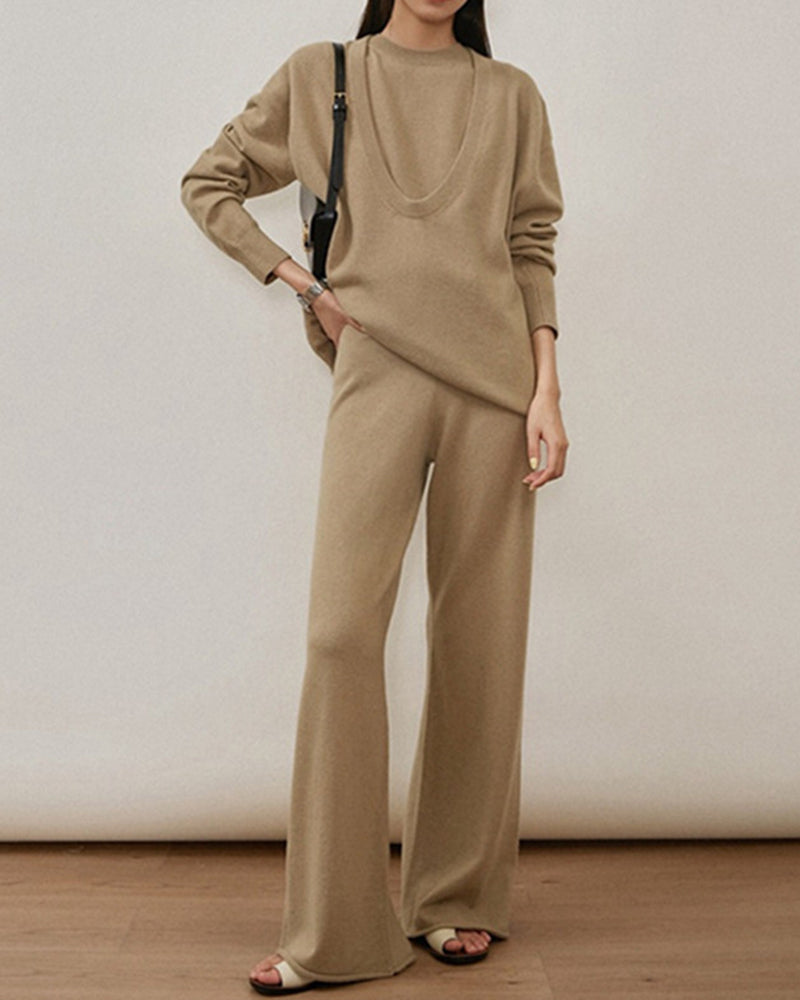 Casual Knit Long Sleeve Shirt Knit Vest Pants Three Piece Set
