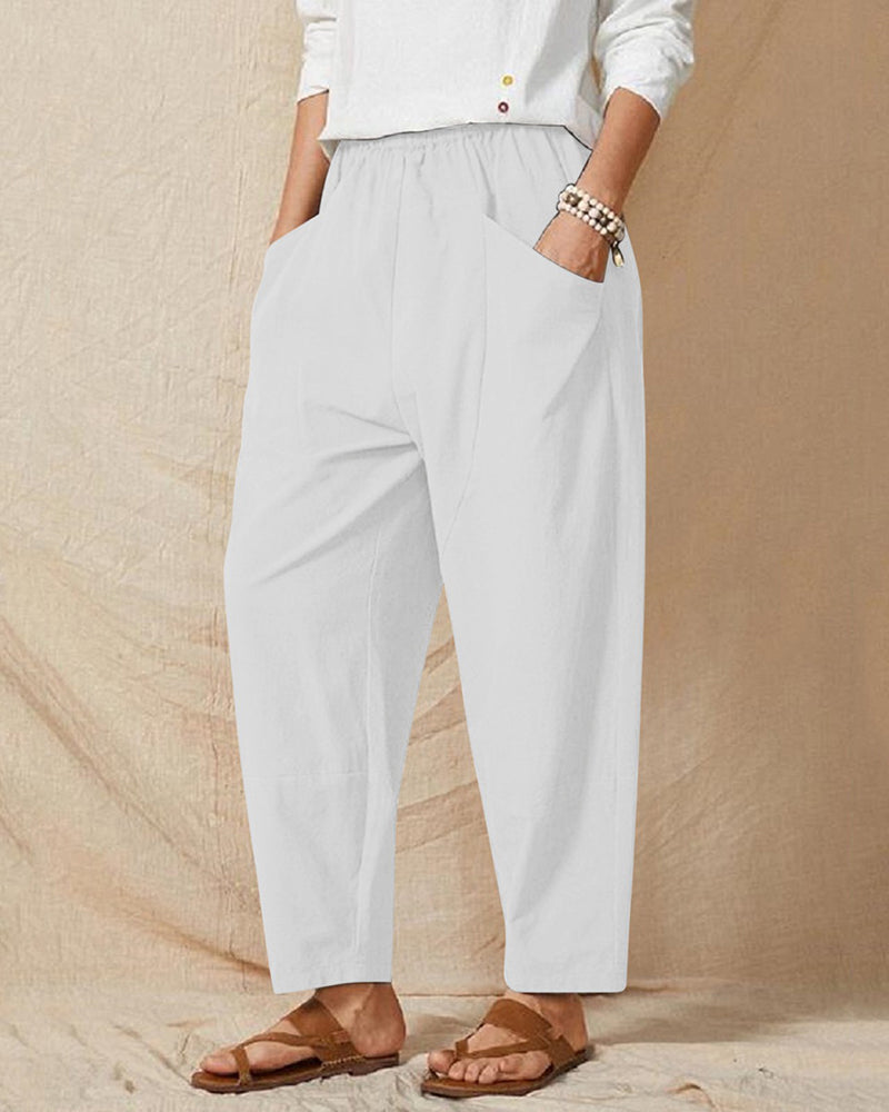 Solid Color Elastic Waist Cropped Wide Leg Pants Loose Trousers