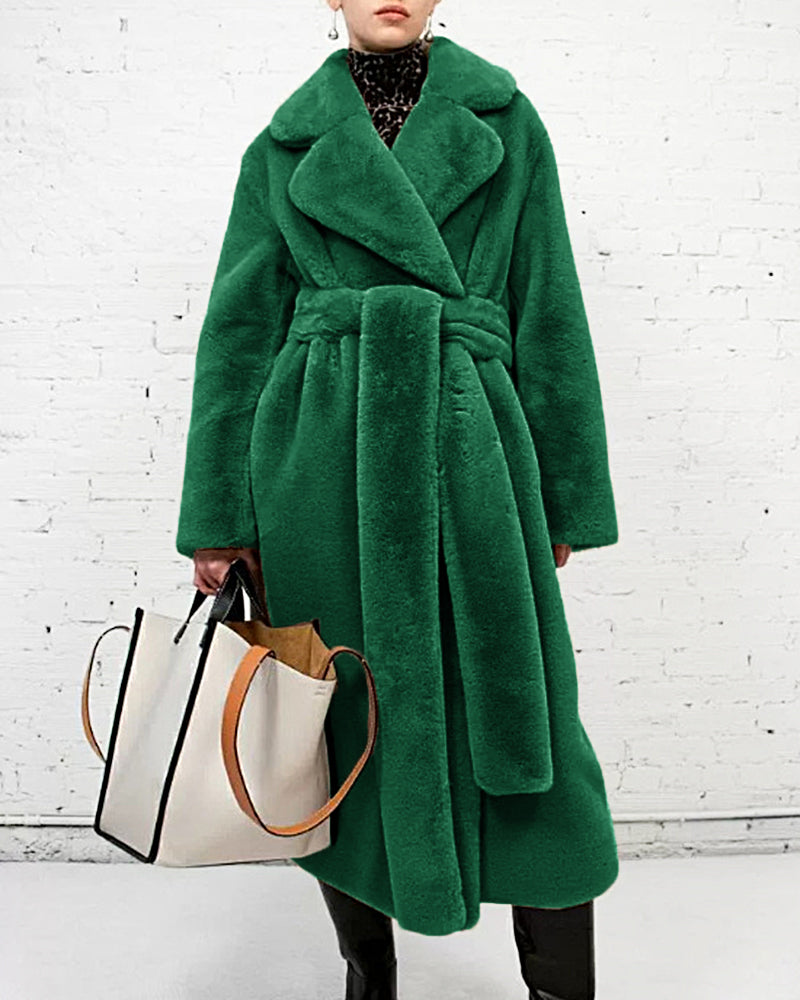 Women Warm Thick Coat With Belt Fax Fur  Long Coat