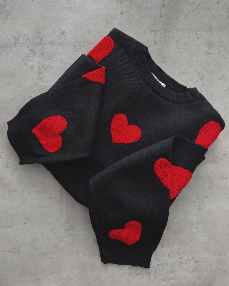 Heart Pattern Embroidered Crew Neck Sweater