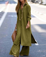 Casual Long Sleeve Shirt and Wide Leg Pants Set