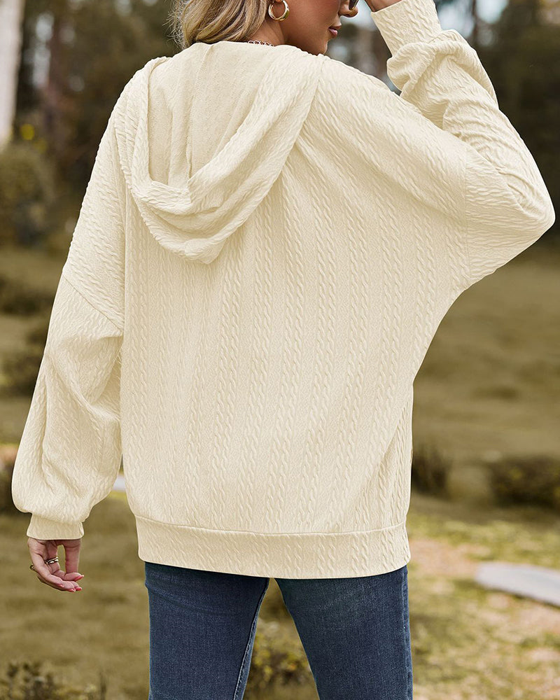V-Neck Zipper Closure Solid Color Long Loose Hoodie Jacket