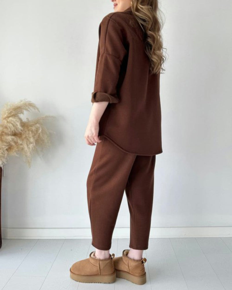 Simple Casual Two-Piece Set with Fleece Inside Lapel-Neck Shirt+Wide-leg Pants