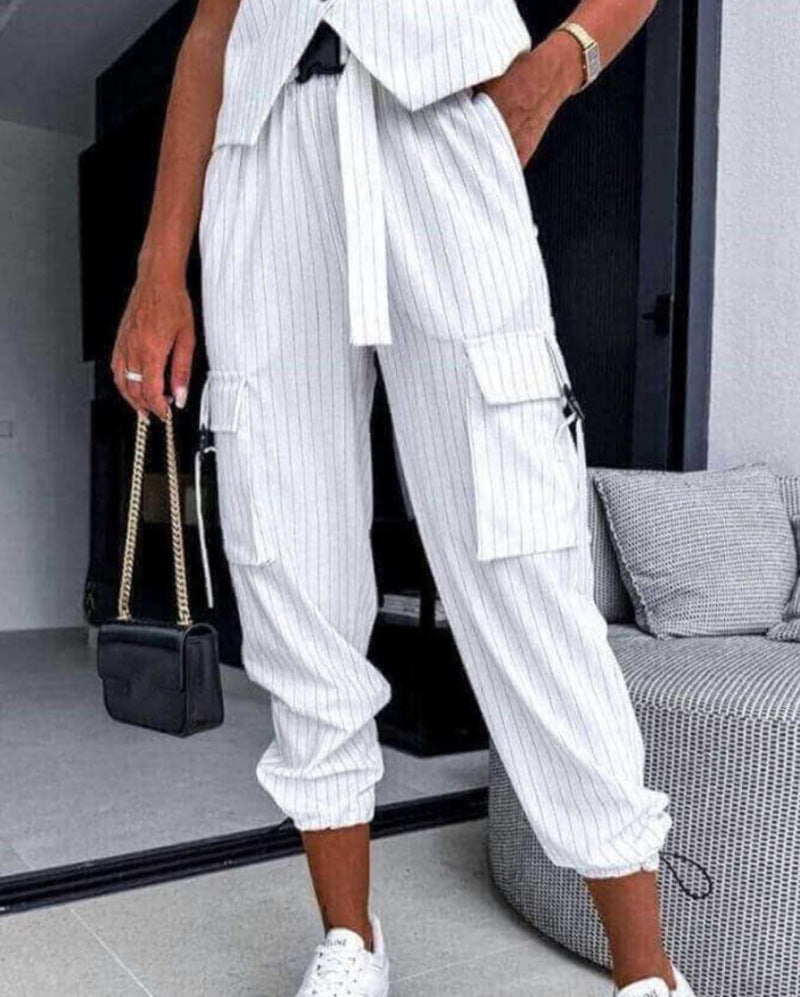 Chic Two-piece Set Striped Asymmetrical Vest Top & Cuffed Pants Set