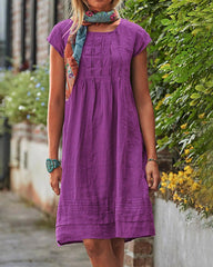 Knee Length Plain Crewneck Tunic Dress Ruched Short Sleeve Loose Pleated Sundress