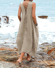 Dress V Neck Sundress Casual Solid Baggy Maxi Flowy Dresses with Pockets