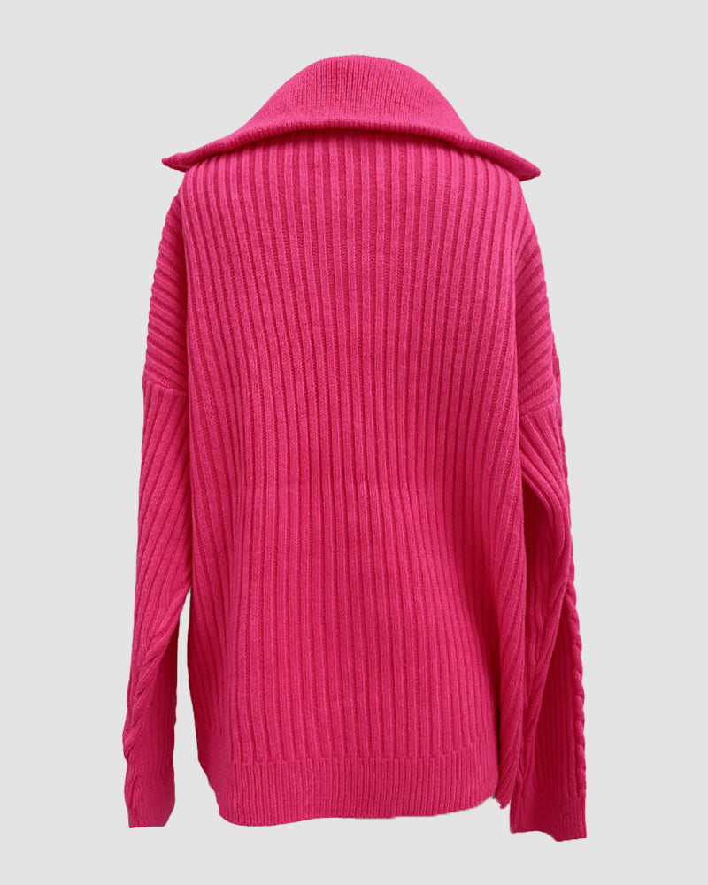 Zipper Lapel Twist Loose Solid Color Knitted Sweater