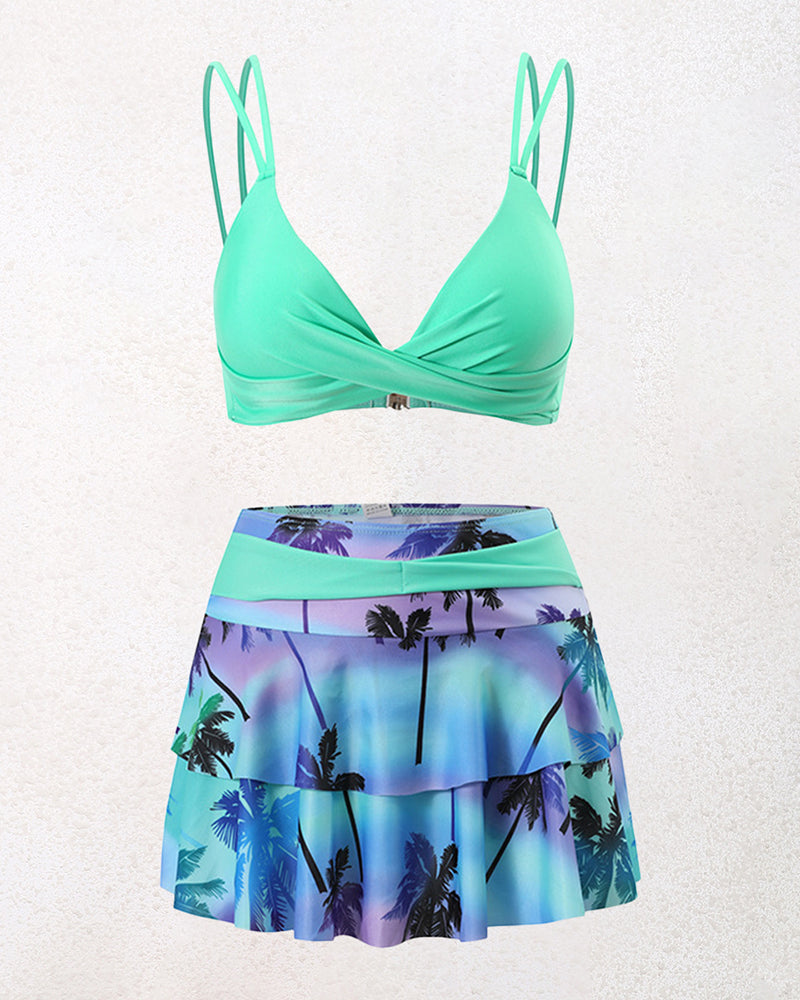 Split High-waisted Lotus Leaf Edge Printing Bikini Swimsuit