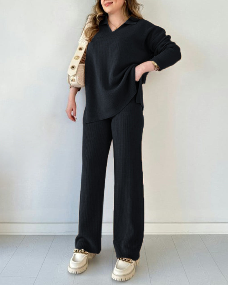 Solid Color Loose Hem Slit Two-piece Sweater Set