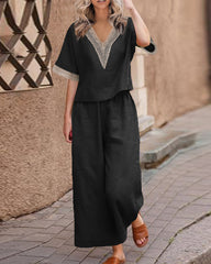 Loose Fit Lace Patchwork Shirt and Wide-Leg Pants Two-Piece Set