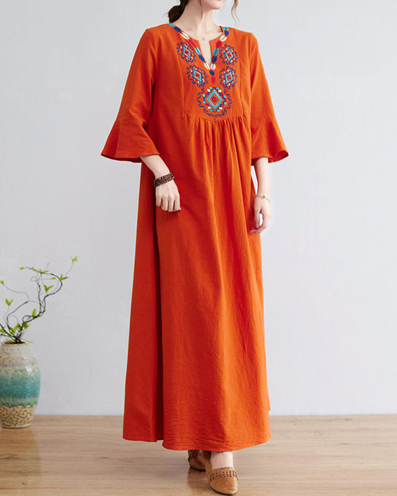 Loose Embroidered Floral Cotton Linen V-Neck 3/4 Sleeve Dress