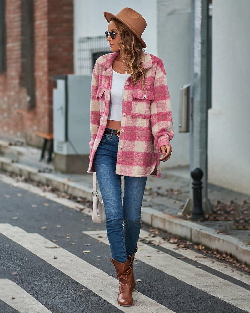 Plaid Fuzzy Longline Jacket with Pockets