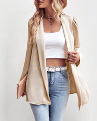 Solid Color Puff-Sleeve Open Blazer Shawl Collar Open Cardigan