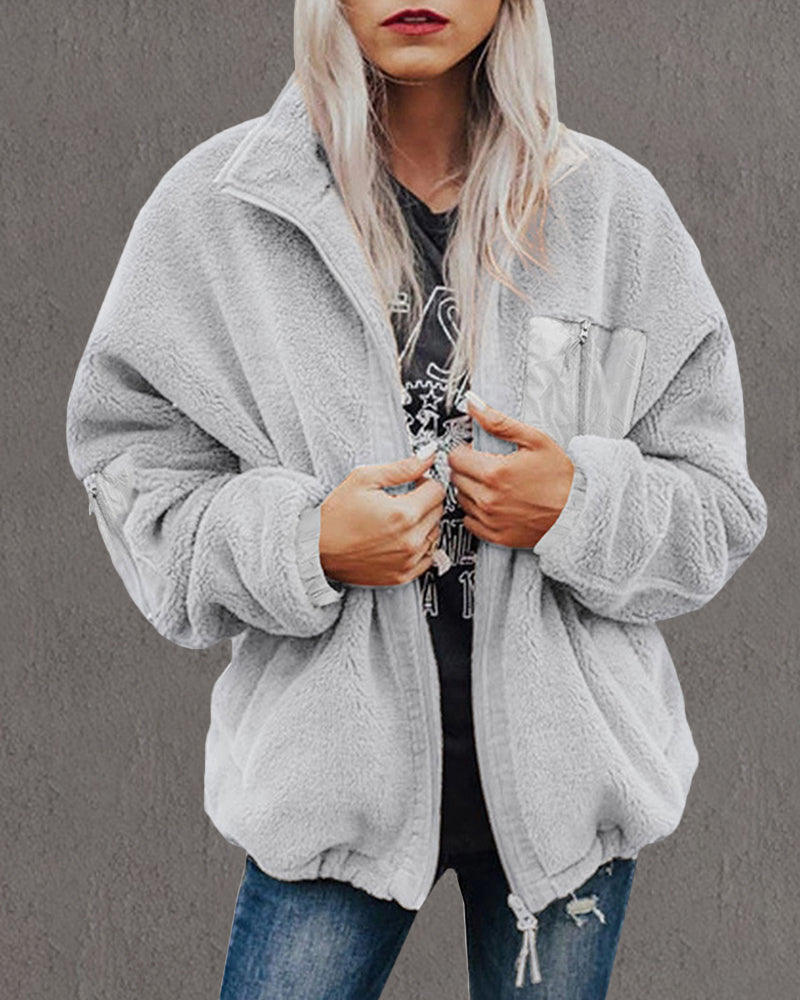Zip-up Pocket Lapel Double-Sided Plush Fuzzy Coat