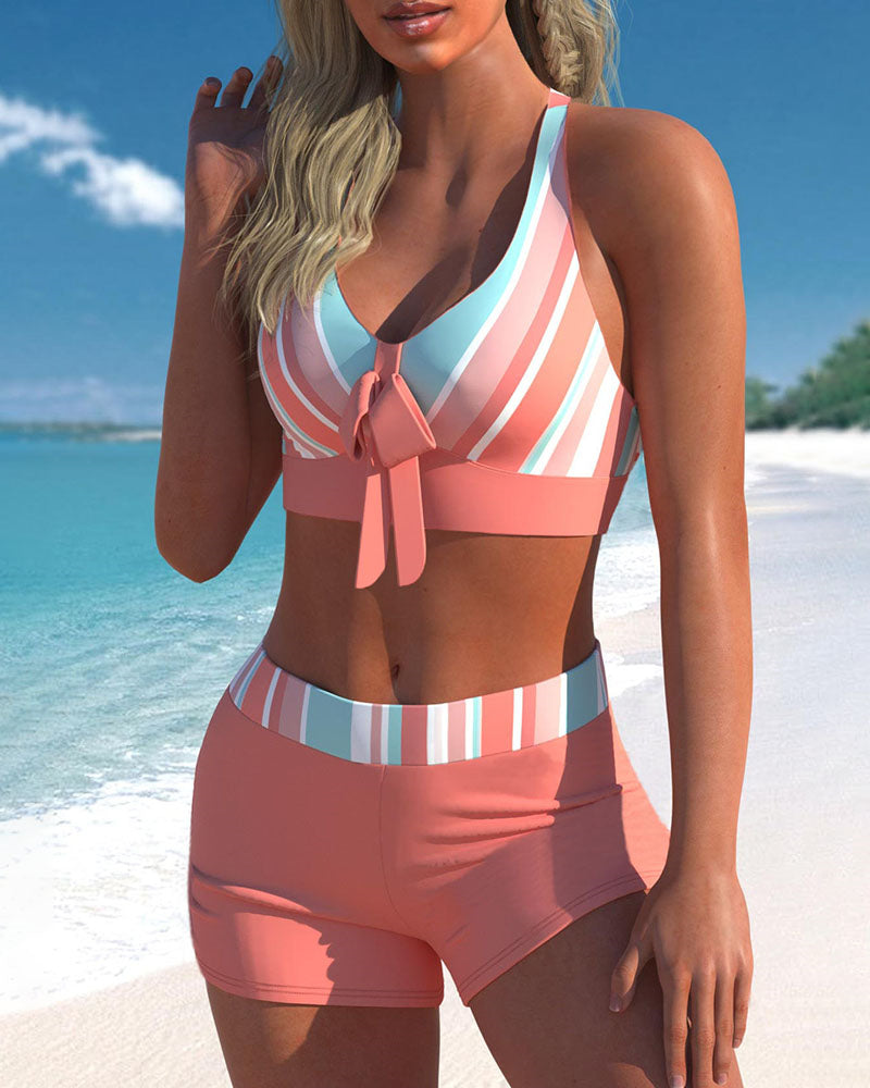 High Cut Bikini Sets Swimsuits with Short 2 Piece Swimwear Color Block Bathing Suits