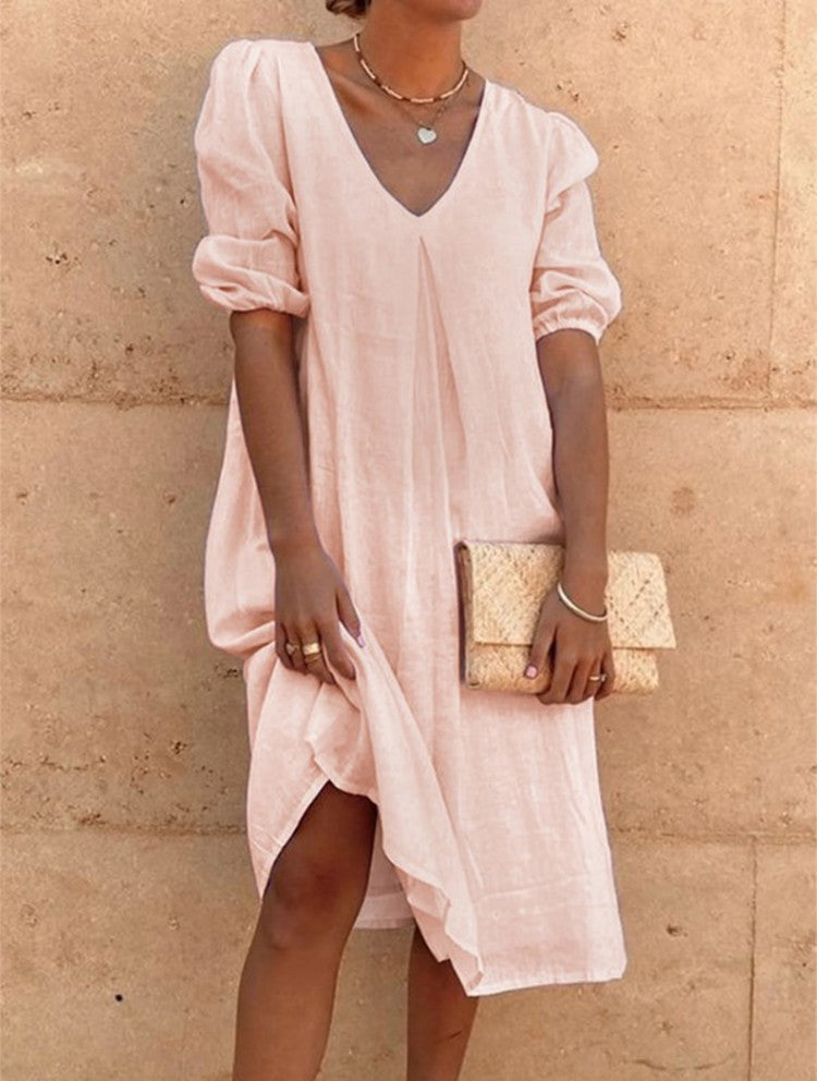 Loose Shirt Dress V-Neck Long Midi Dresses