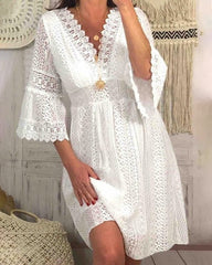 Summer V Neck Sexy Hollow Out Short Sundress Flared Sleeve Lady Party Dress