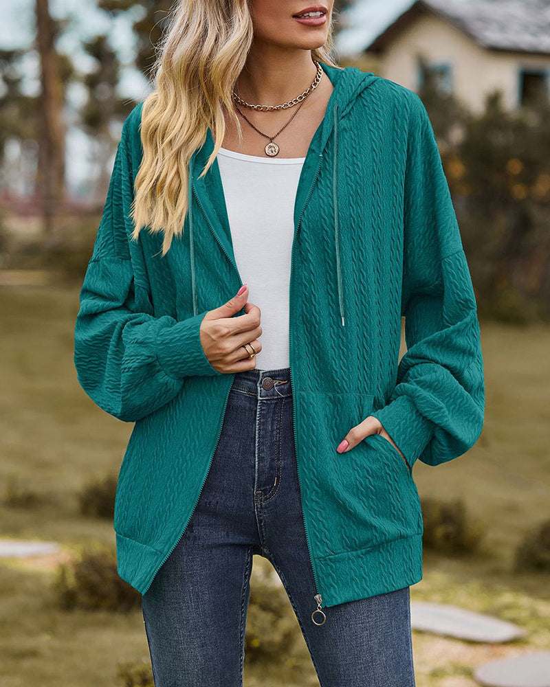 V-Neck Zipper Closure Solid Color Long Loose Hoodie Jacket