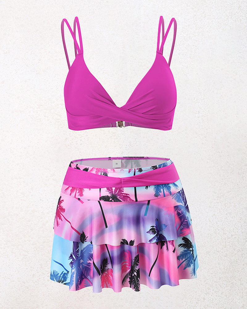 Split High-waisted Lotus Leaf Edge Printing Bikini Swimsuit