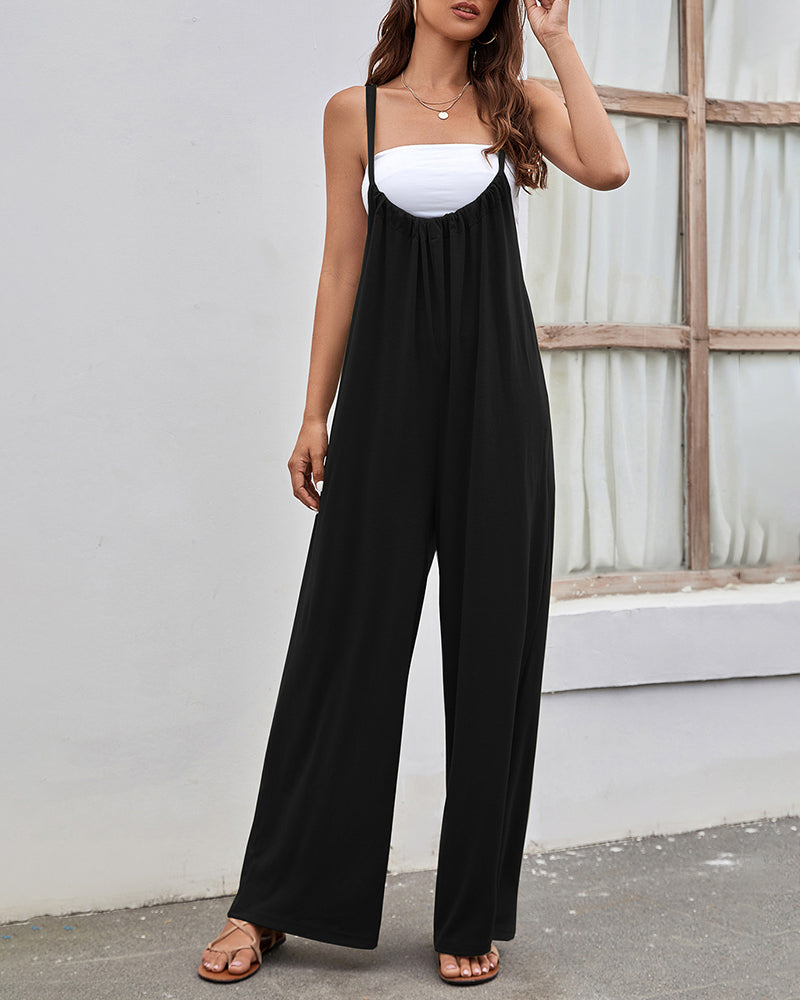 Flowy Wide Leg Jumpsuit Spaghetti Strap High Rise Bodysuit Solid Loose Romper