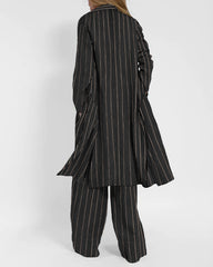 Casual Stripes Slim Fit Long Blazers Collar Jacket With Flap Pockets