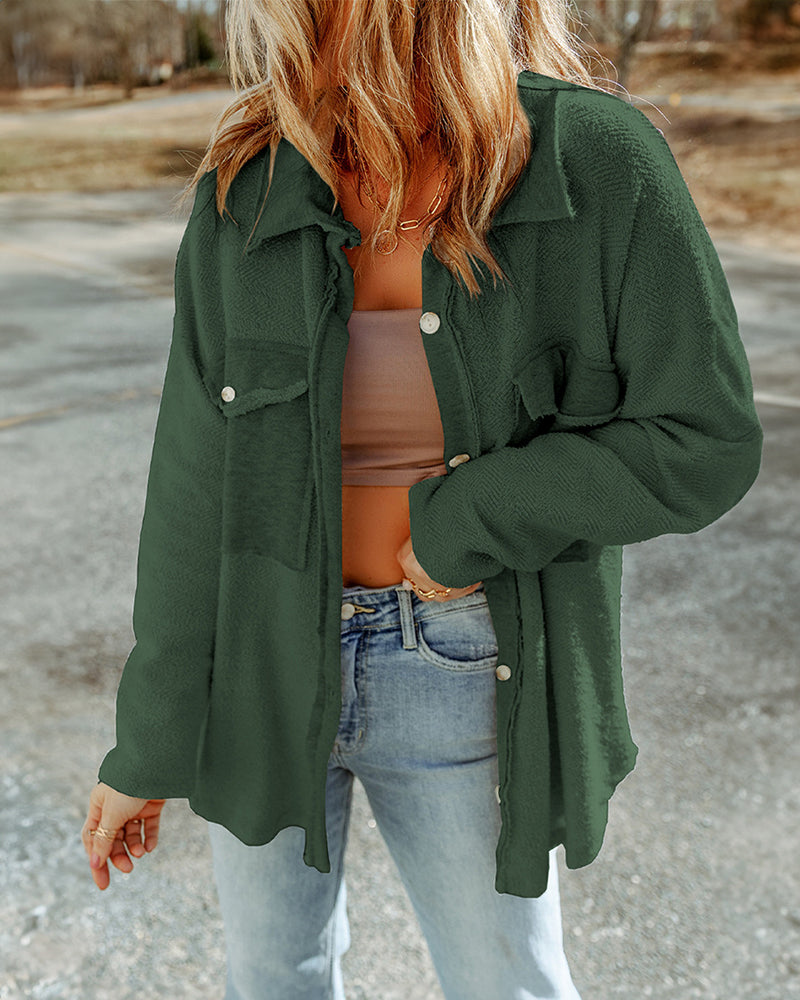 Solid Color Long Sleeve Jacket Casual Pocket Knitted Outerwears