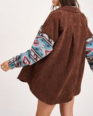 Corduroy Patch Print Pocket Coat Long Sleeve Jacket Top