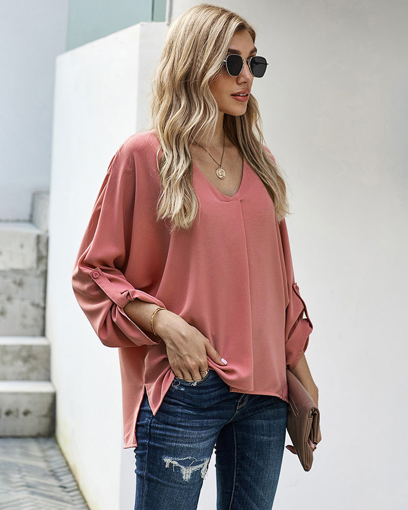 V-Neck Long Sleeve Buckle T-Shirt Plain Shirts Shirt Top Elegant Shirts Casual Slim Fit Basic