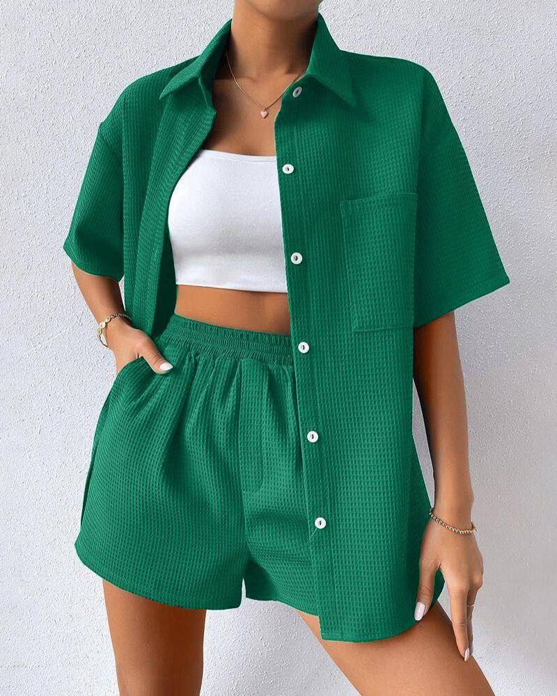 Casual Two-Piece Short Sleeve Lapel Cardigan Top and Shorts Loungewear Sets