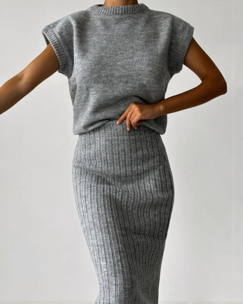 Sleeveless Vest + Knitted Skirt Two-piece Set