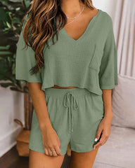 Two-piece Set Short Sleeve V-neck Top and Shorts Lounge Suits