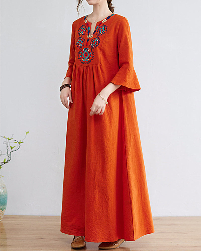 Loose Embroidered Floral Cotton Linen V-Neck 3/4 Sleeve Dress